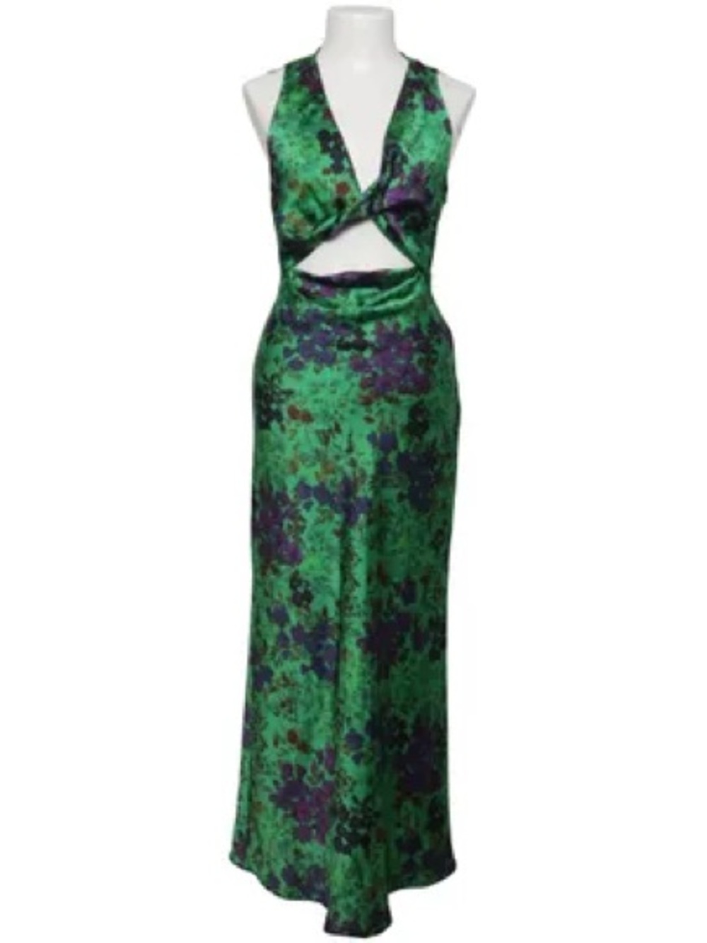 Zara Green and Purple Floral Print Satin Effect Dress Plunge, Cut Out
